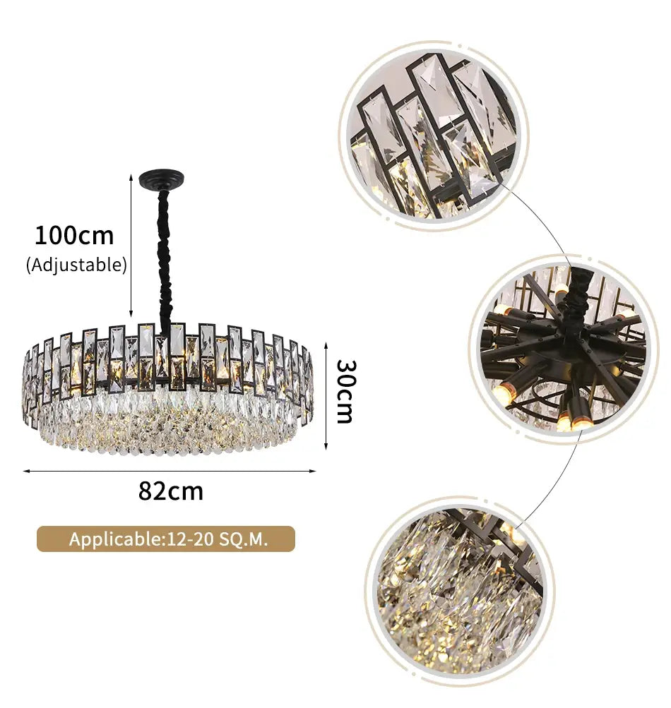 Luxury Black Round Crystal Chandelier for Living, Bedroom