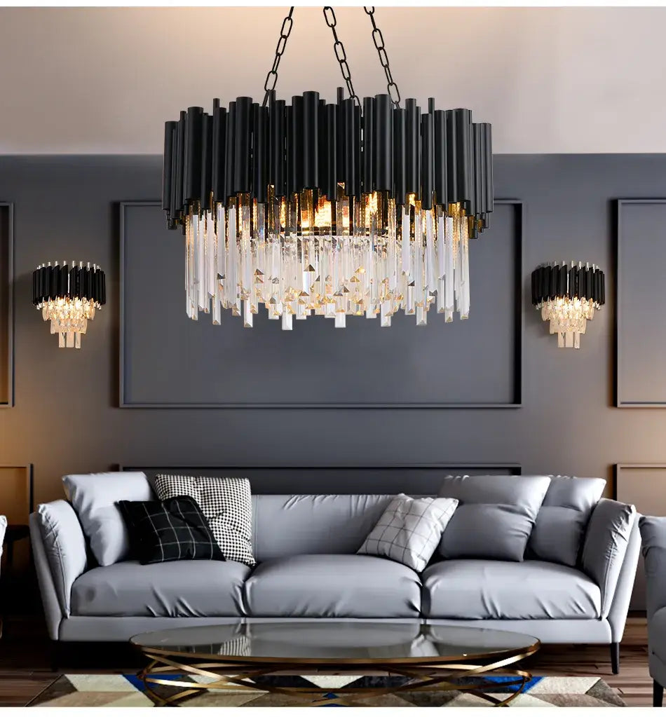 Black Luxury Chain Round Crystal Chandelier for Living, Dining