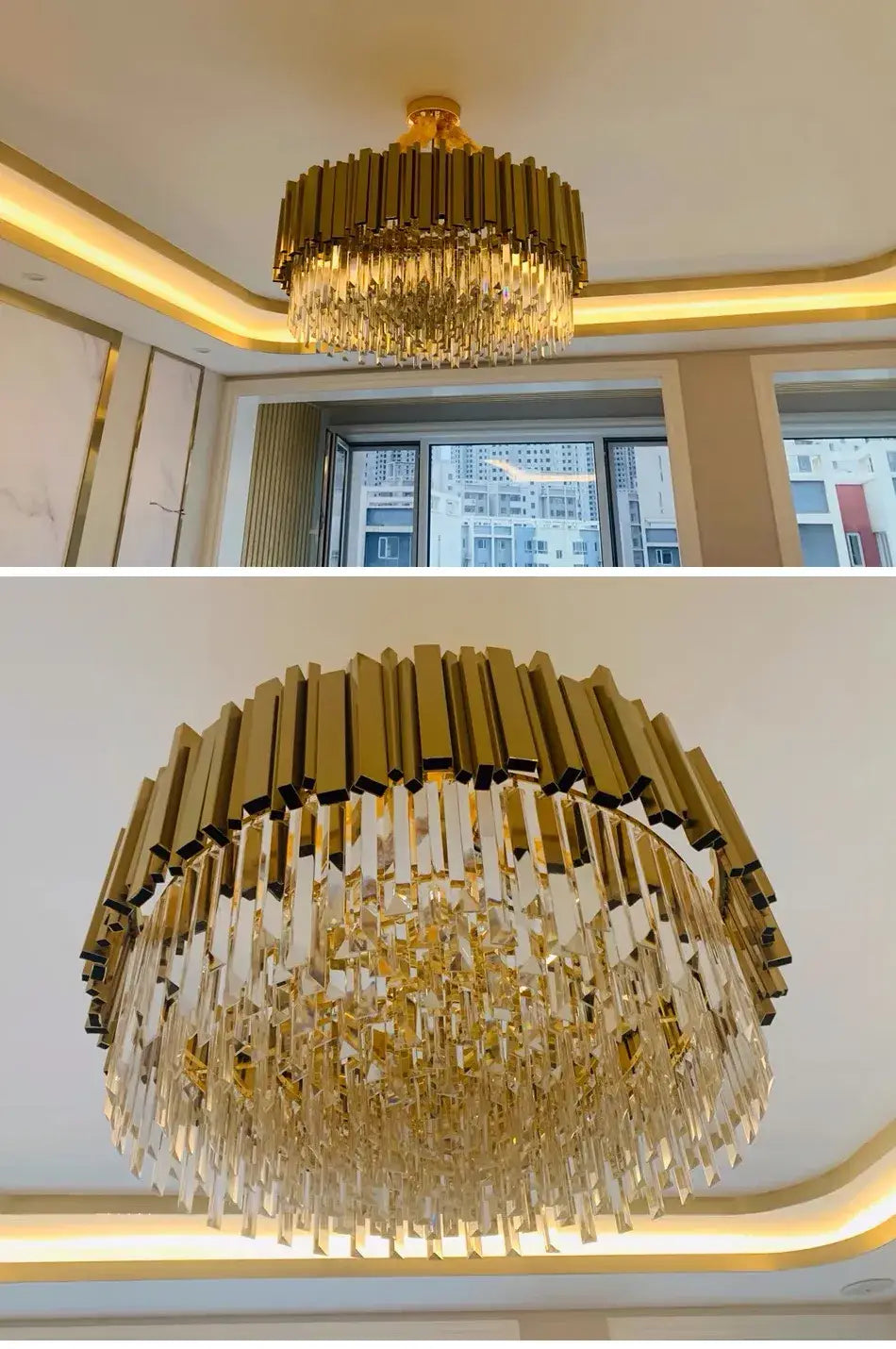 Luxury Gold Hanging Crystal Round Chandelier for Living, Dining