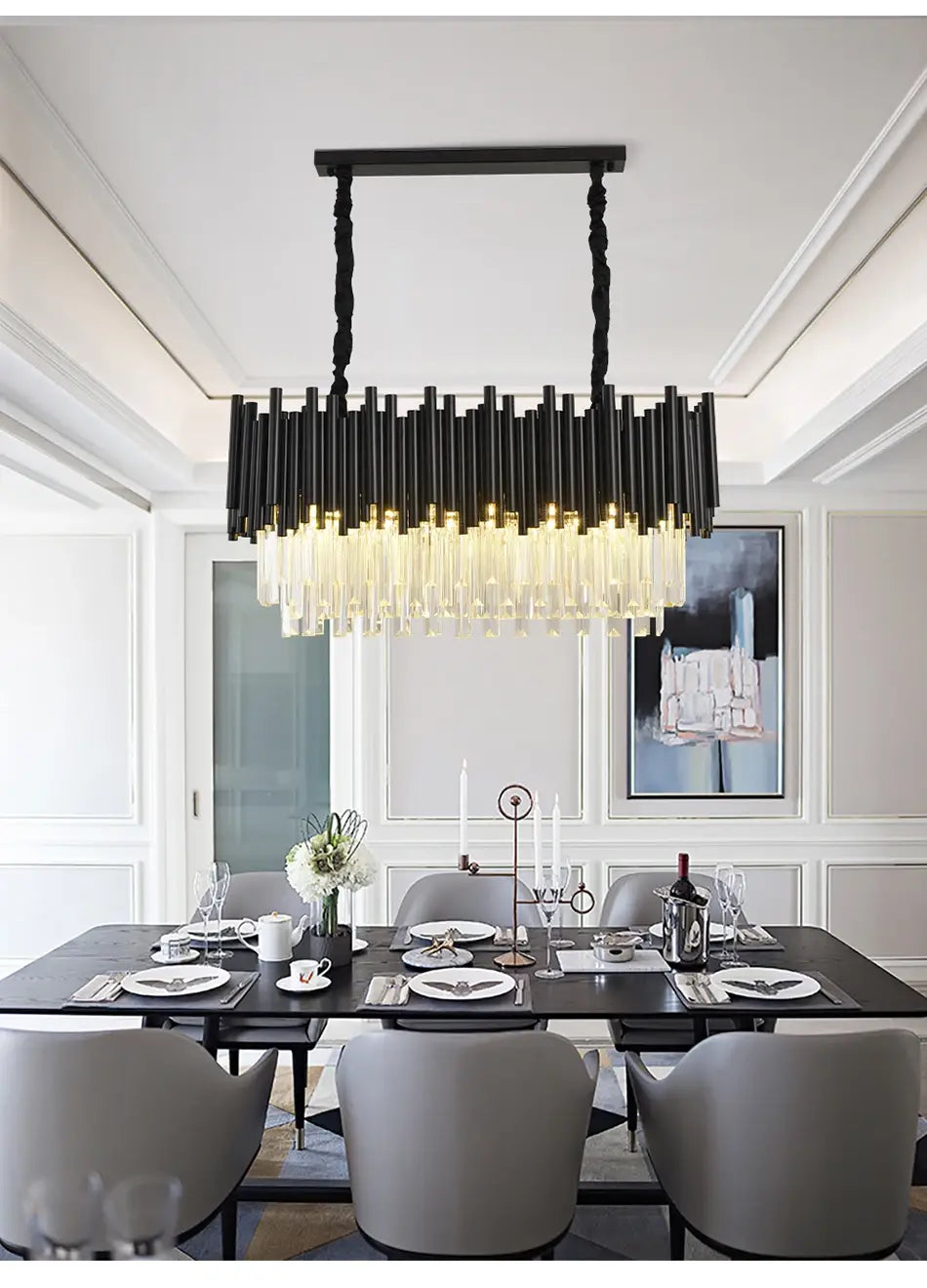 Luxuriöser schwarzer ovaler Kristall-Kronleuchter für Esszimmer und Küche