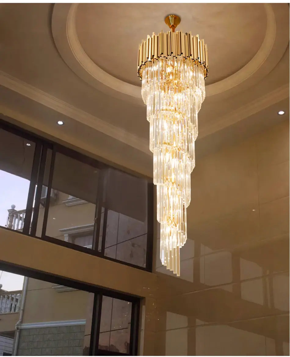 Luxuriöser goldener langer Kristall-Kronleuchter für Treppenhaus, Wohnzimmer, Lobby