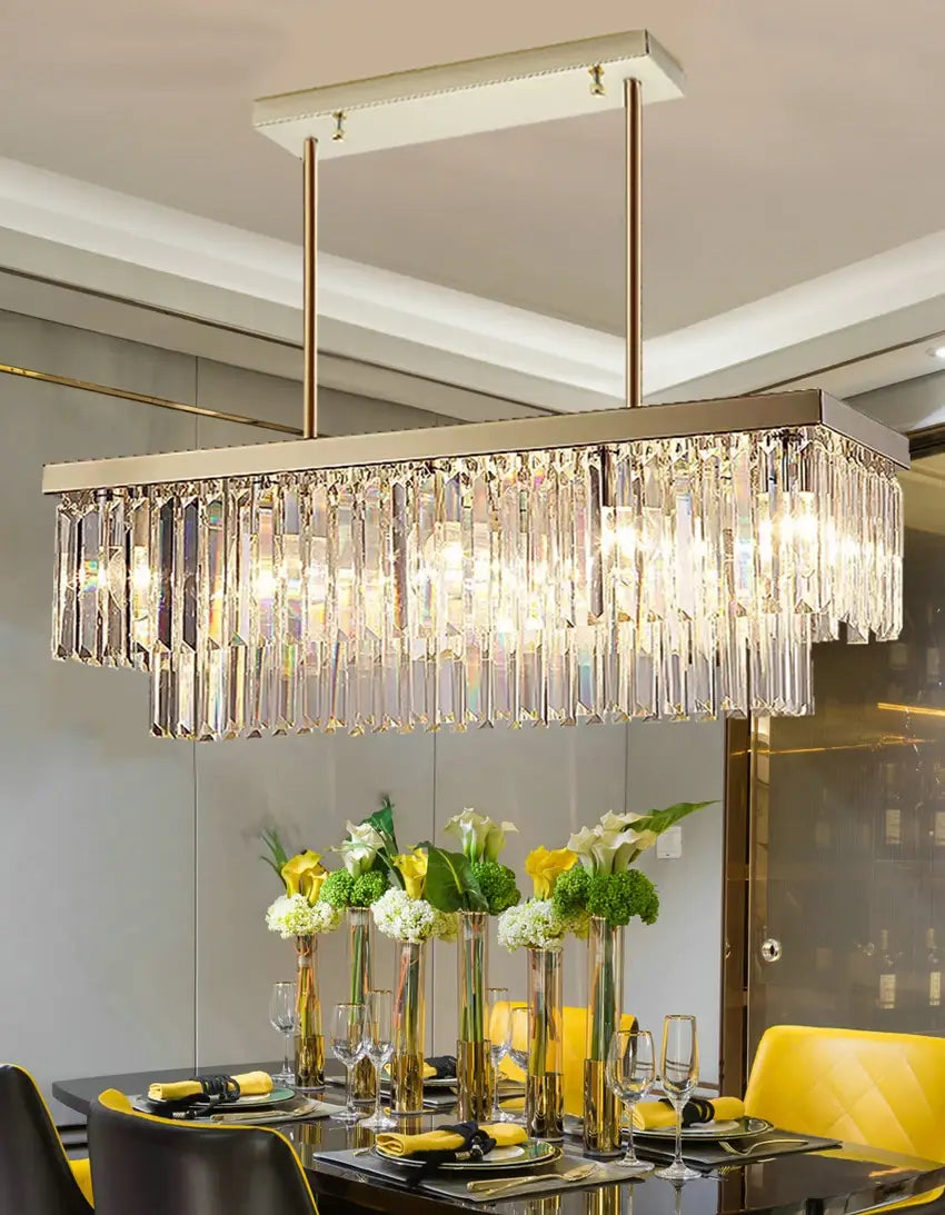 Modern Crystal Gold Rectangle Chandelier for Dining, Kitchen