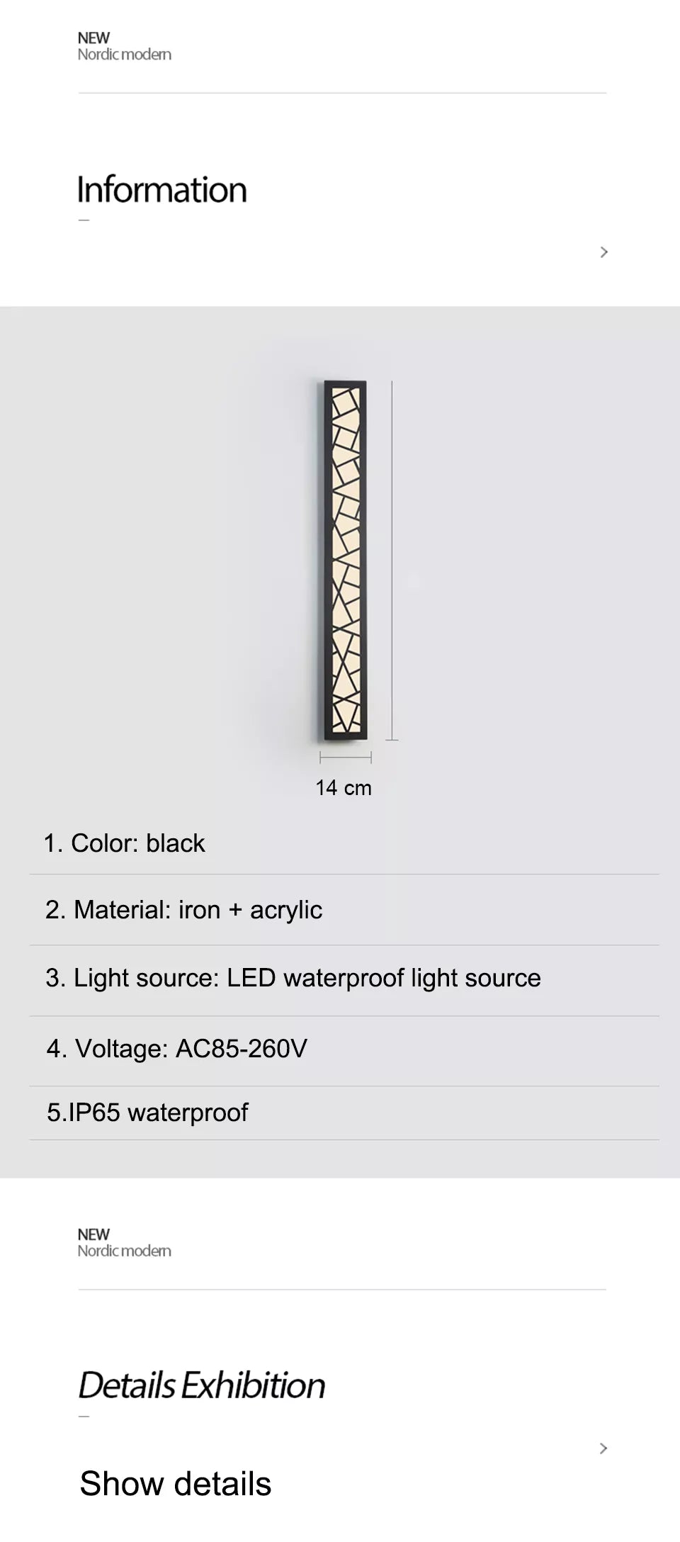 Black Outdoor Waterproof Long LED Wall Light For Villa Porch