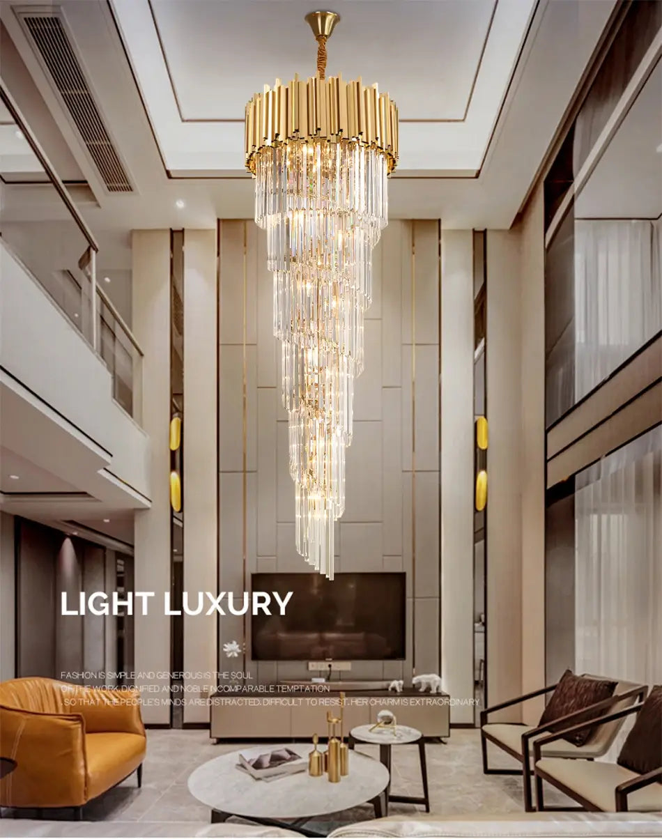 Luxury Gold Long Crystal Chandelier for Staircase, Living, Lobby