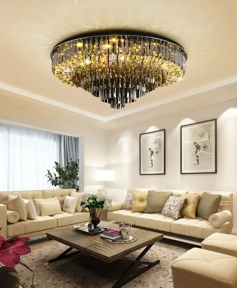 Luxury Black Round Ceiling Crystal Chandelier for Living, Bedroom