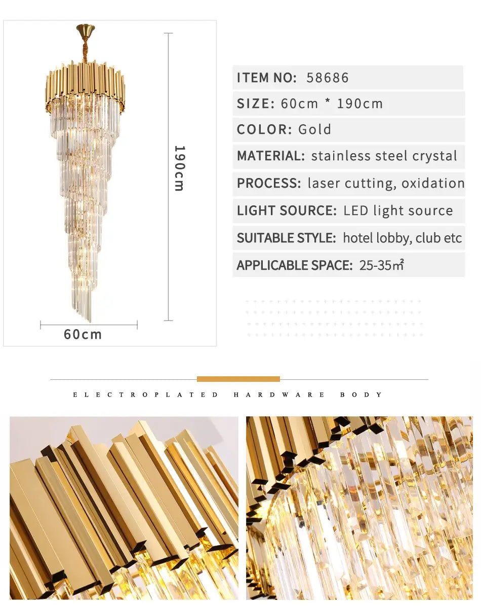 Luxury Gold Long Crystal Chandelier for Staircase, Living, Lobby