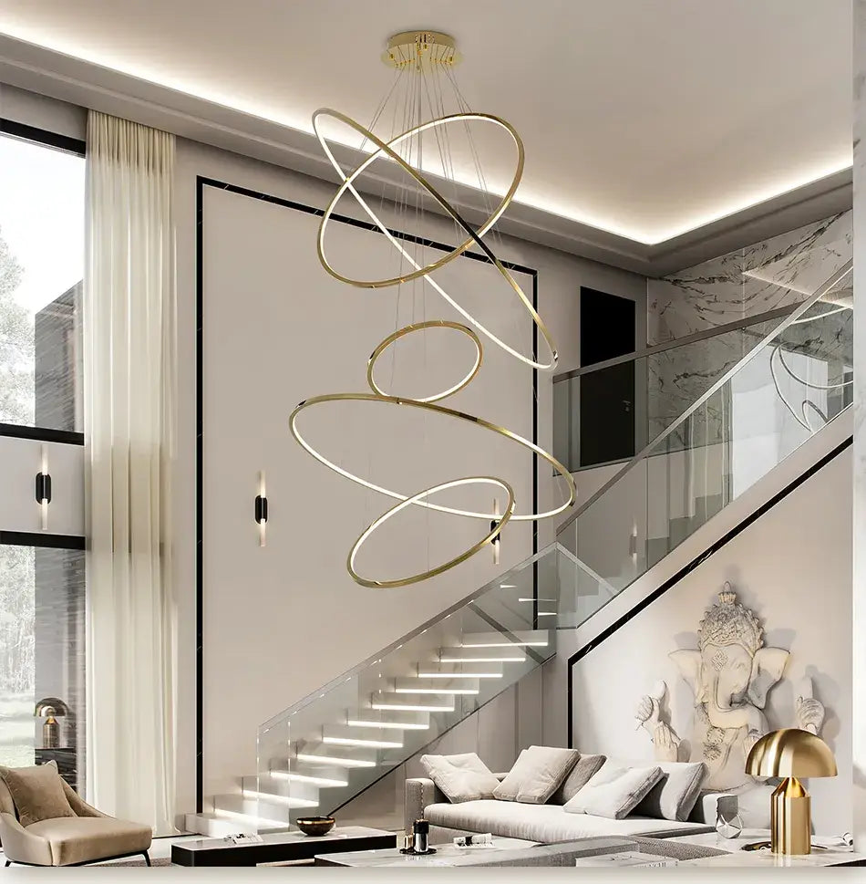 Luxuriöser goldener Hängering-Kronleuchter für Treppenhaus, Wohnzimmer, Flur