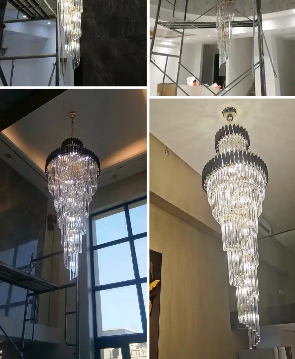 Long Black Luxury Crystal Chandelier for Staircase, Lobby, Living
