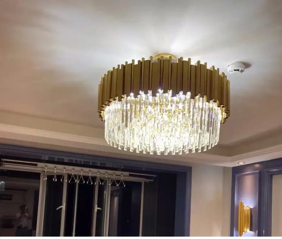 Luxury Gold Hanging Crystal Round Chandelier for Living, Dining