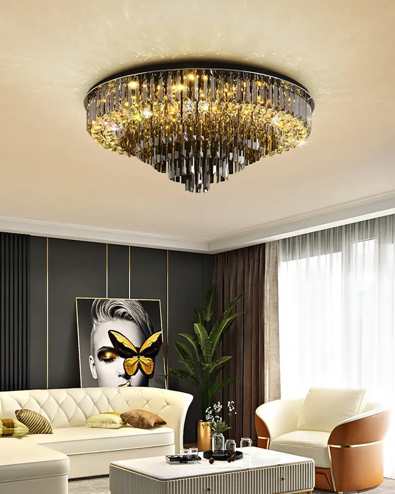 Luxury Black Round Ceiling Crystal Chandelier for Living, Bedroom