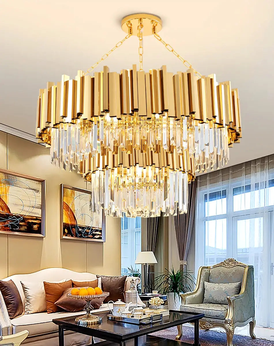 Luxury Gold Hanging Crystal Round Chandelier for Living, Dining