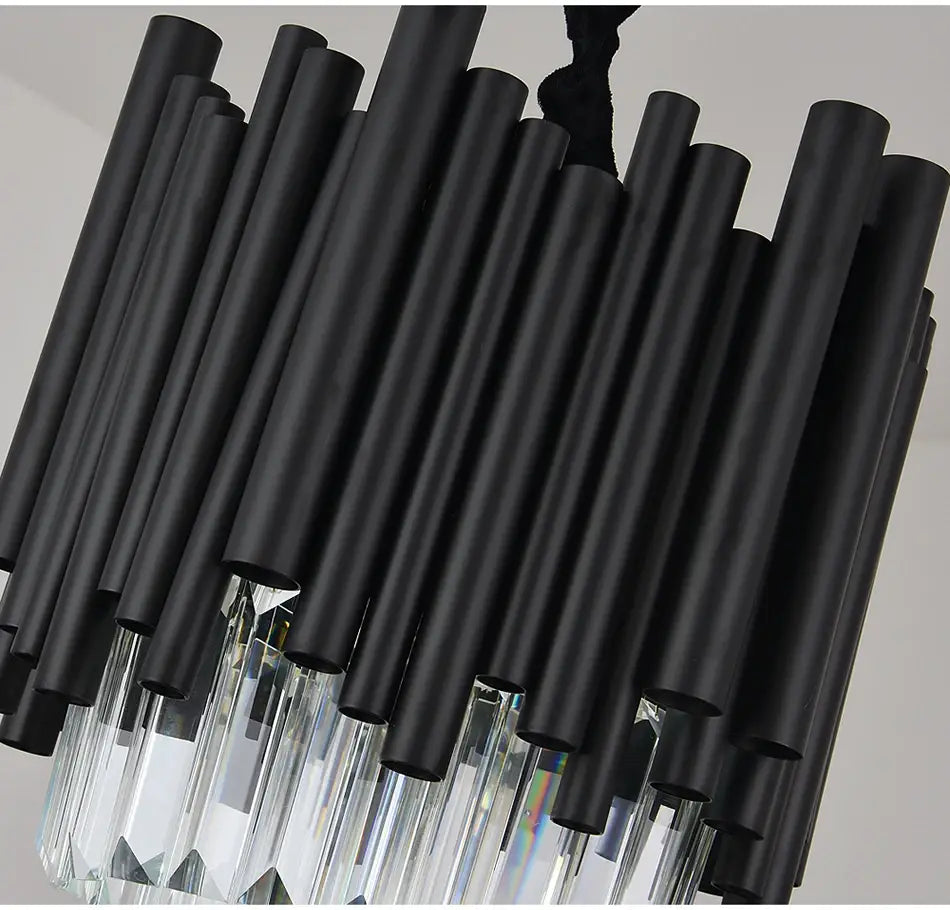 Moderner schwarzer hängender Kristall-Kronleuchter für Esszimmer, Küche