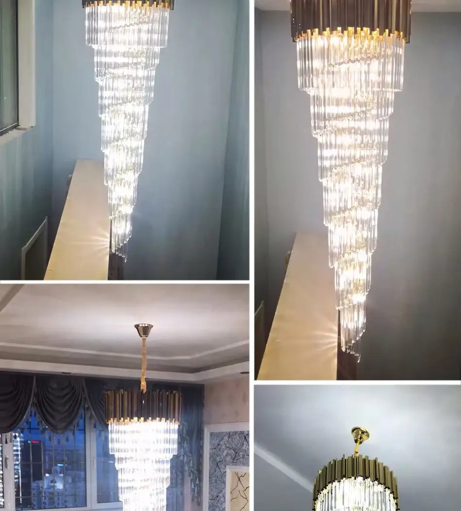 Luxury Gold Long Crystal Chandelier for Staircase, Living, Lobby