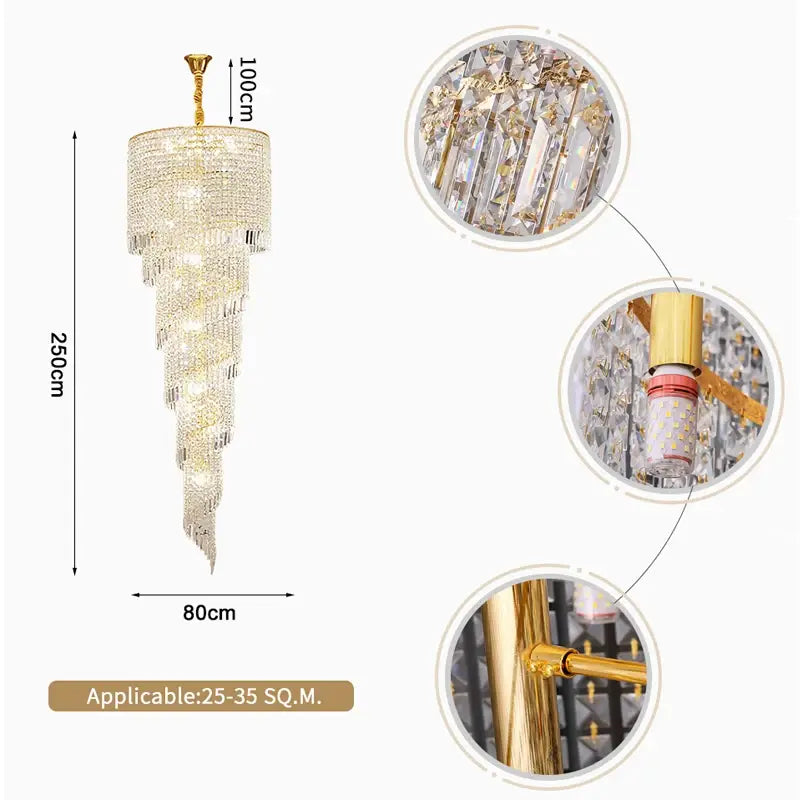 Luxuriöser langer Spiral-Kronleuchter für Treppenhaus, Wohnzimmer, Flur
