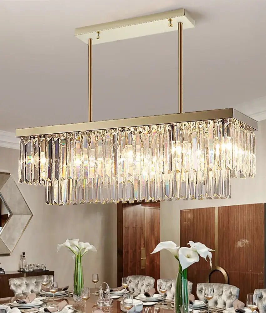 Modern Crystal Gold Rectangle Chandelier for Dining, Kitchen