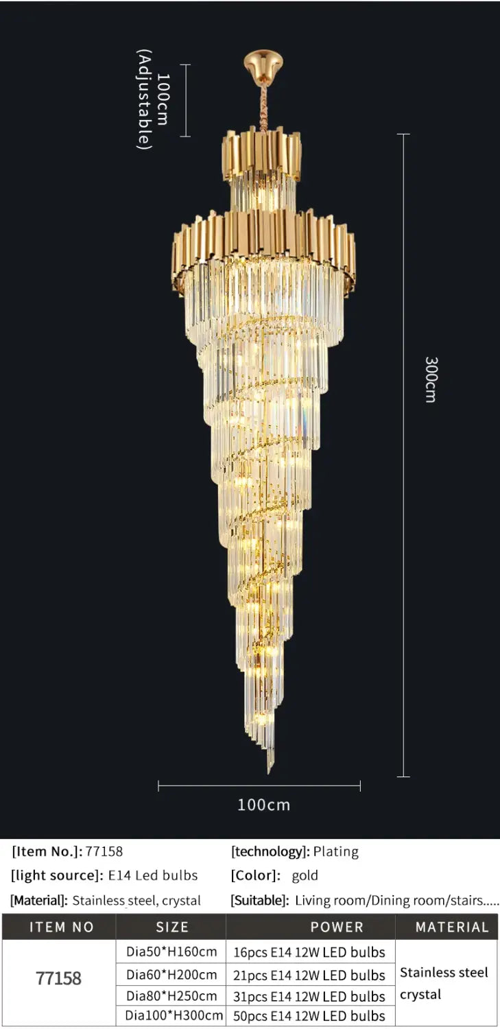 Luxury Long Hanging Crystal Chandelier for Staircase, Lobby, Dining