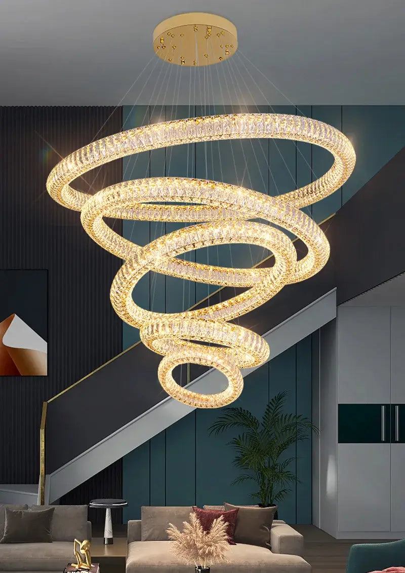 Luxuriöser ringhängender Kristall-Kronleuchter für Treppenhaus, Wohnzimmer