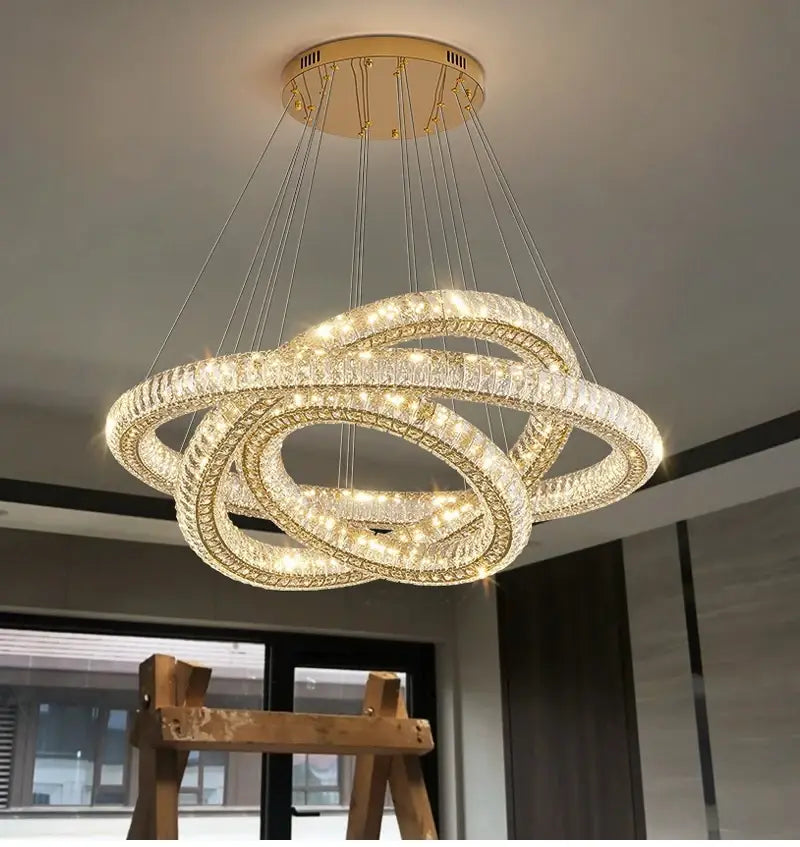 Luxuriöser ringhängender Kristall-Kronleuchter für Treppenhaus, Wohnzimmer
