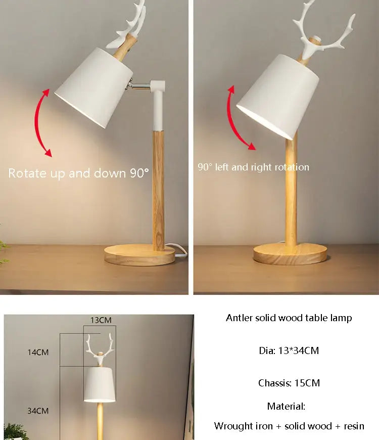 Nordic Elk Antler Wood Table Lamp for Study, Living, Bedroom