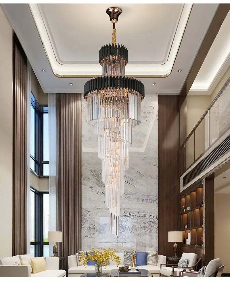Langer schwarzer Luxus-Kristall-Kronleuchter für Treppenhaus, Lobby, Wohnzimmer