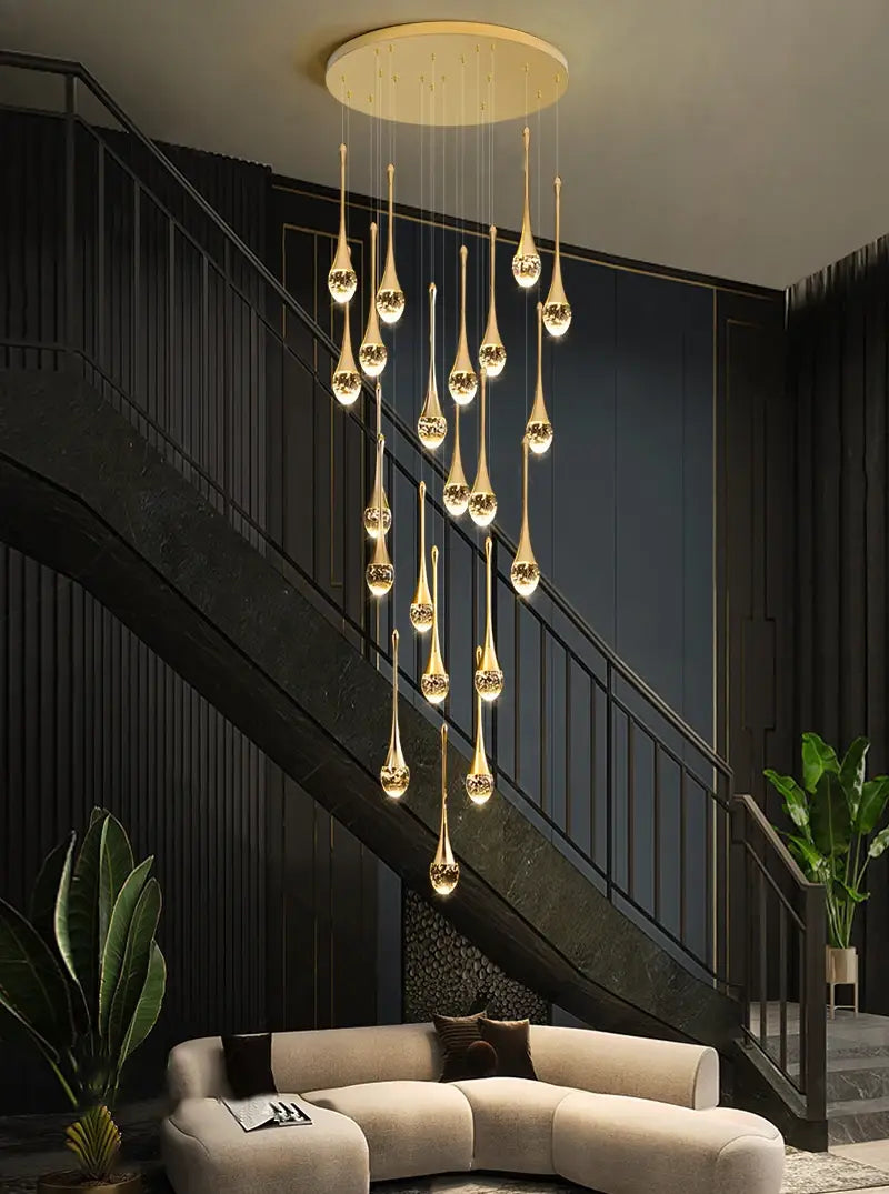 Luxuriöser Spiral-Kristall-Kronleuchter mit Wassertropfen für Treppenhaus, Flur
