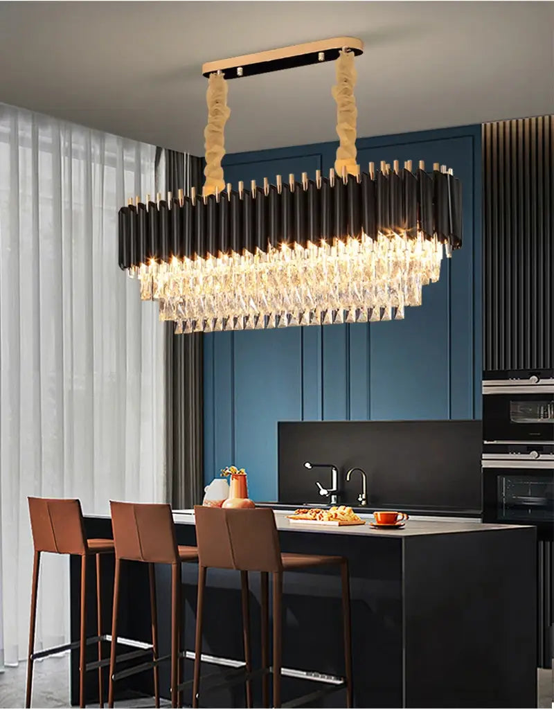 Luxury Black Rectangle Crystal Chandelier for Dining, Kitchen