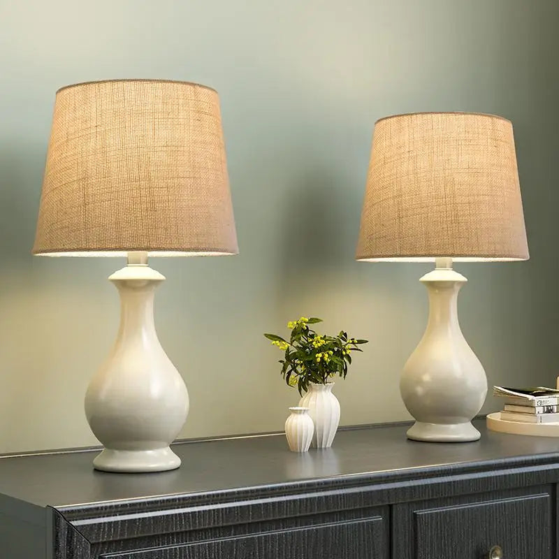 19 Inch White Ceramic Table Lamp with Linen Shade - Lighting > & Floor Lamps