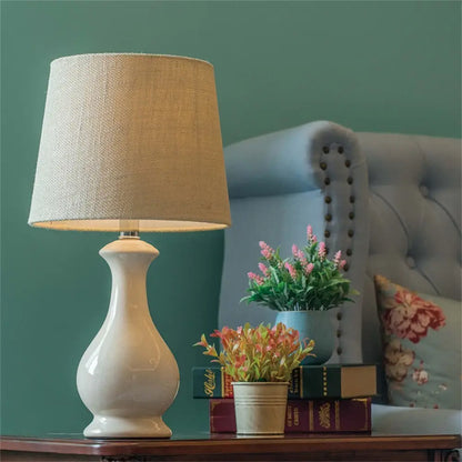 19 Inch White Ceramic Table Lamp with Linen Shade - Remote Control Lighting > & Floor