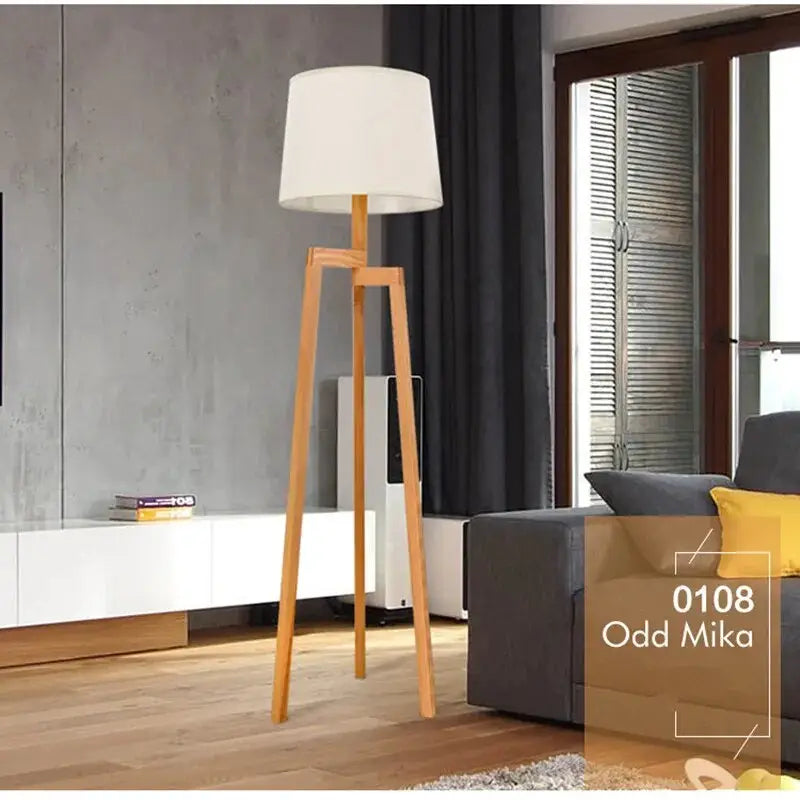 Beige Wooden Tripod Floor Lamp for Bedroom Living Bedside
