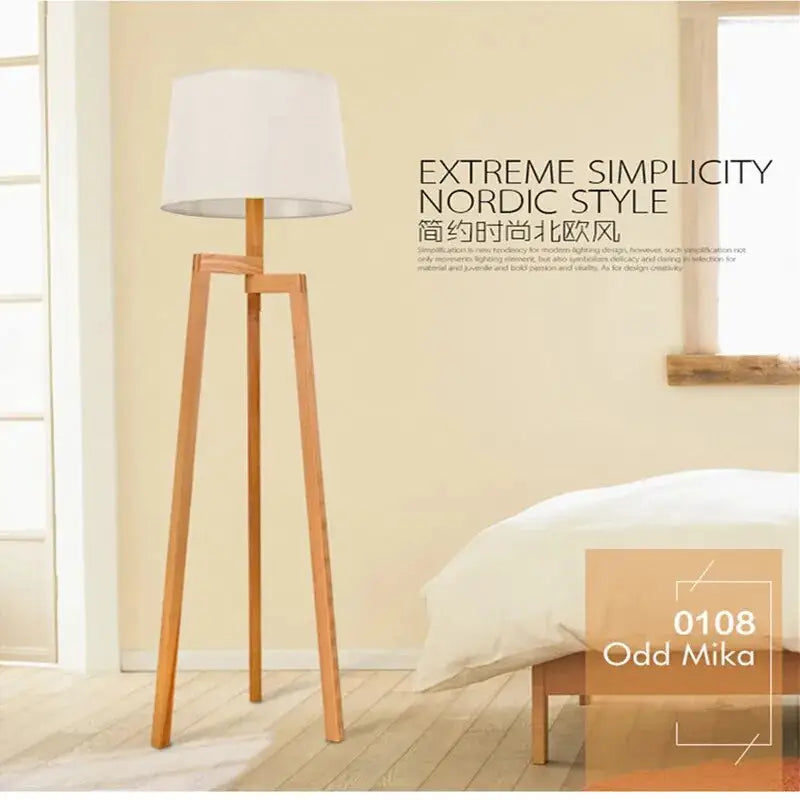 Beige Wooden Tripod Floor Lamp for Bedroom Living Bedside