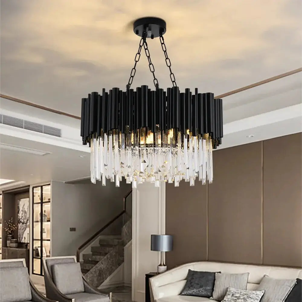 Black Luxury Chain Round Crystal Chandelier for Living Dining