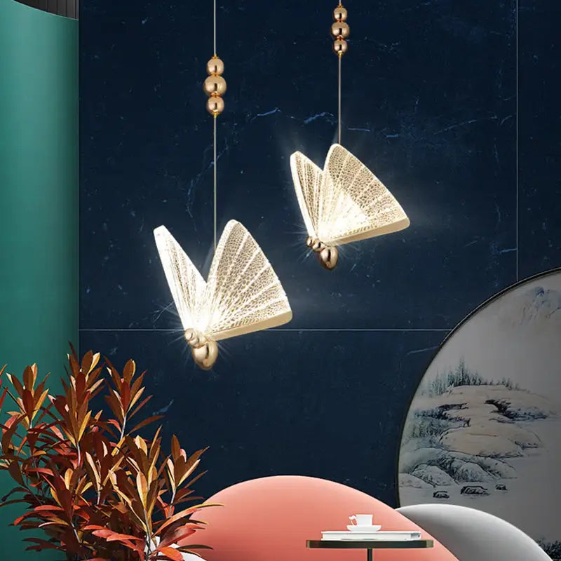 Creative Crystal LED Pendant Light with Hanging Butterflies - Lighting