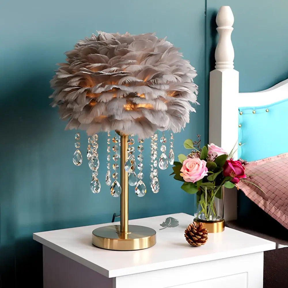 Fluffy Goose Feather Table Lamp With Crystal Tassels - Gray