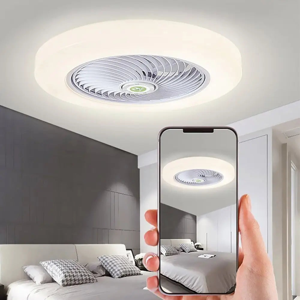 Large Round Flush Mount Bladeless Ceiling Fan With Light - Lighting > lights Fans