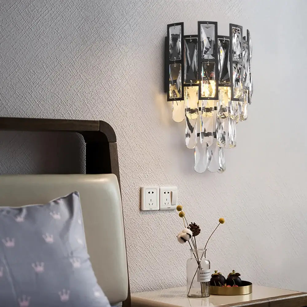 Luxury Black Crystal Wall Sconce for Bedside Bedroom Living - Sconces