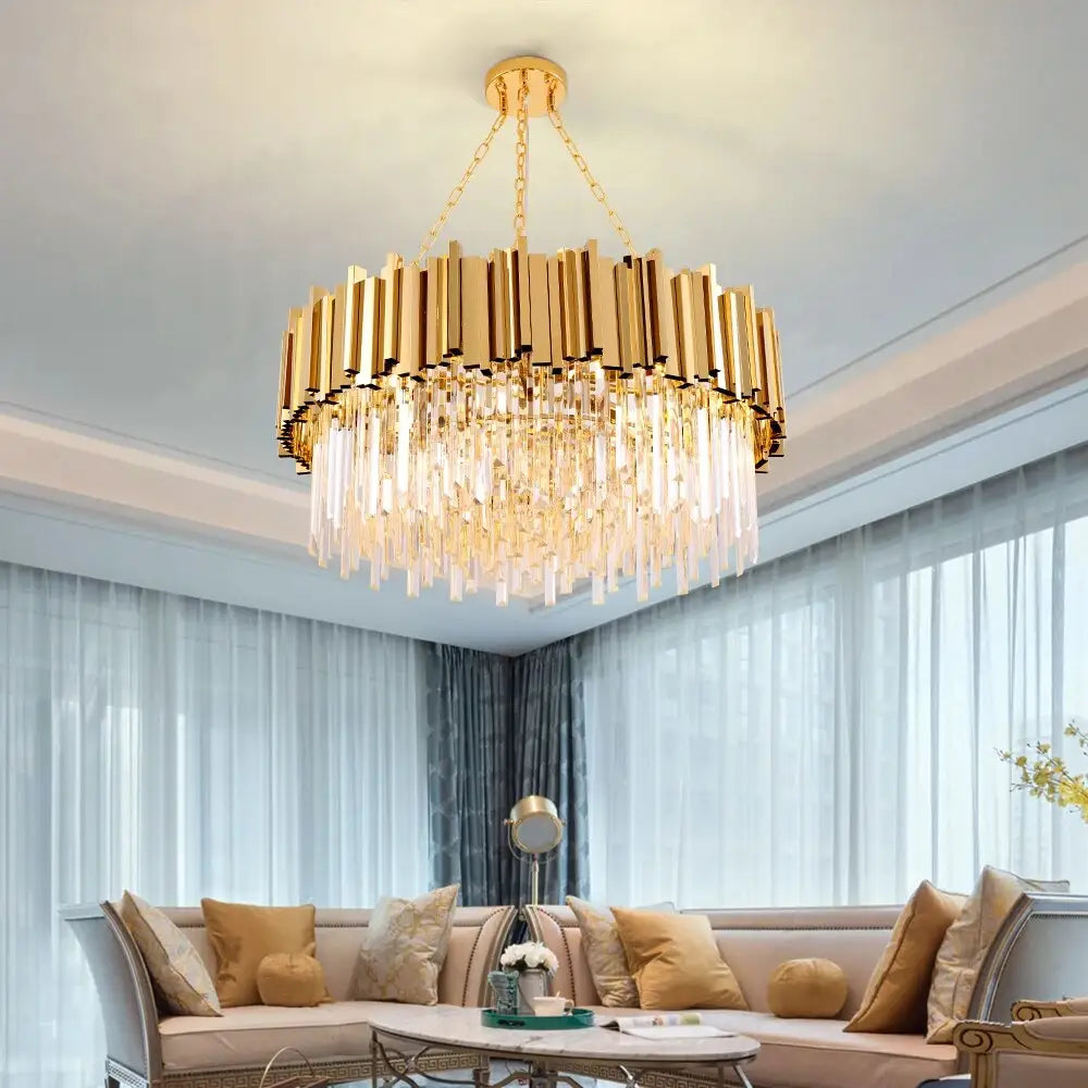 Luxury Gold Hanging Crystal Round Chandelier for Living Dining