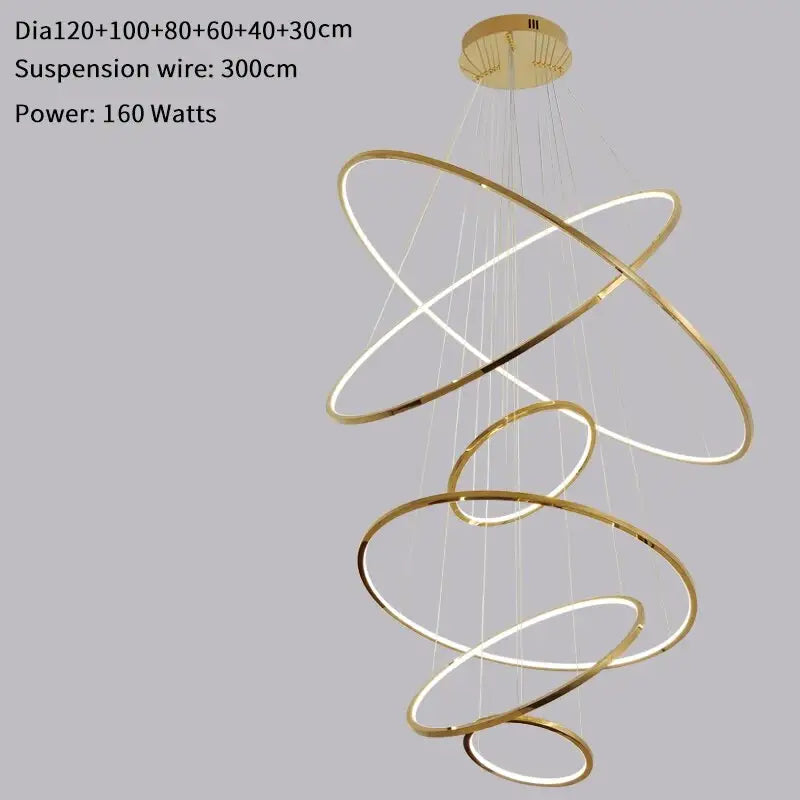 Luxury Gold Hanging Ring Chandelier for Staircase Living Hall - 120cm 6 rings / Dimmable