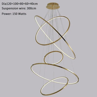 Luxury Gold Hanging Ring Chandelier for Staircase Living Hall - 120x100x80x60x40cm