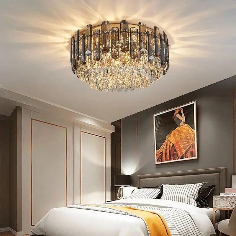 Luxury Grey Crystal Ceiling Round Chandelier for Living Dining