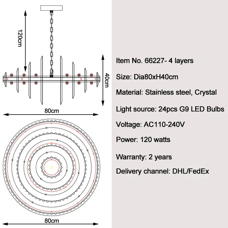 Luxury Hanging Gold Crystal Chandelier for Living Bedroom - Dia80cm 4 layers / NON - Dimm