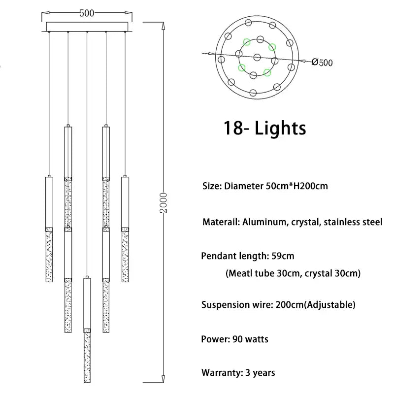 Luxury Long Hanging Spiral Chandelier for Staircase Lobby Hall - 18 lights / NOT Dimmable