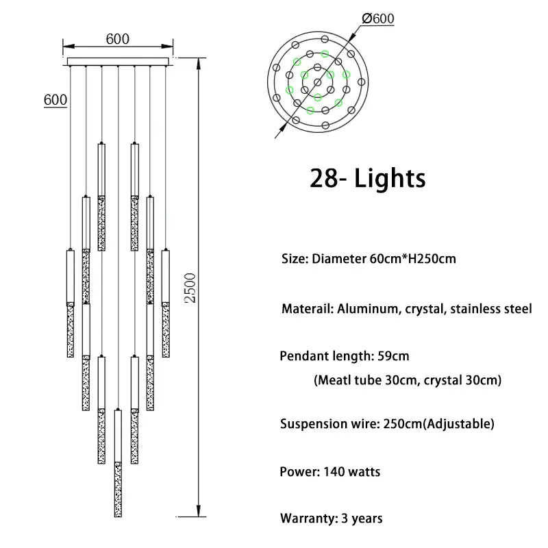 Luxury Long Hanging Spiral Chandelier for Staircase Lobby Hall - 28 lights / NOT Dimmable