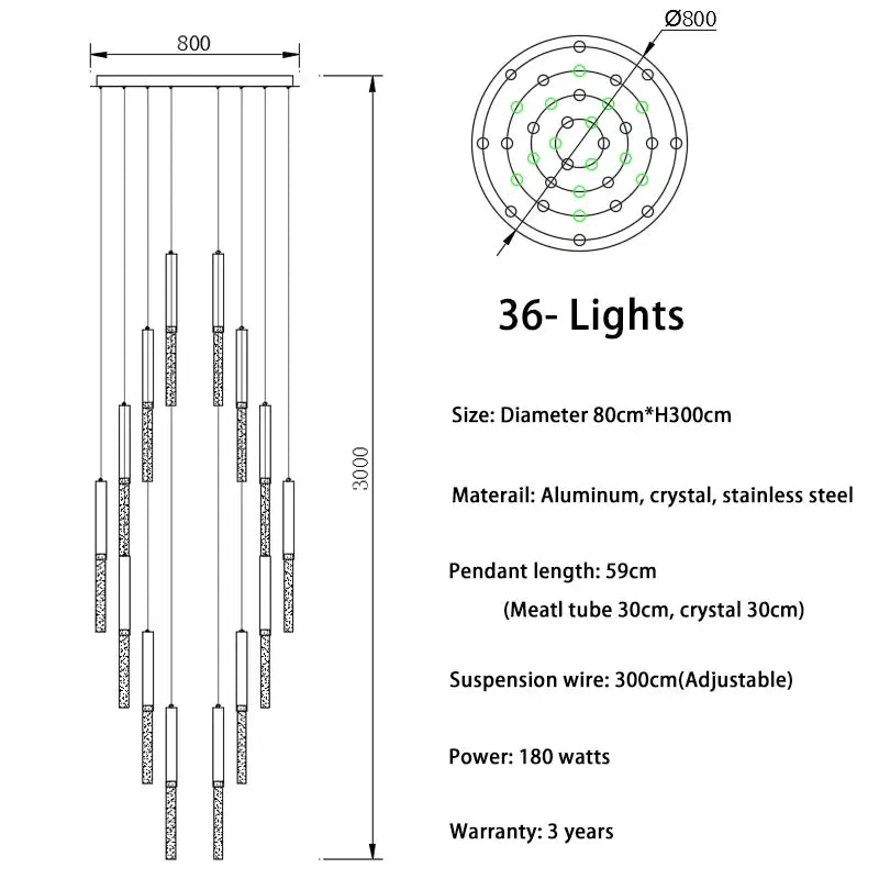 Luxury Long Hanging Spiral Chandelier for Staircase Lobby Hall - 36 lights / NOT Dimmable