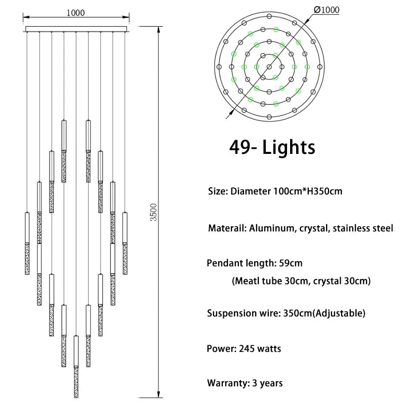 Luxury Long Hanging Spiral Chandelier for Staircase Lobby Hall - 49 lights / NOT Dimmable