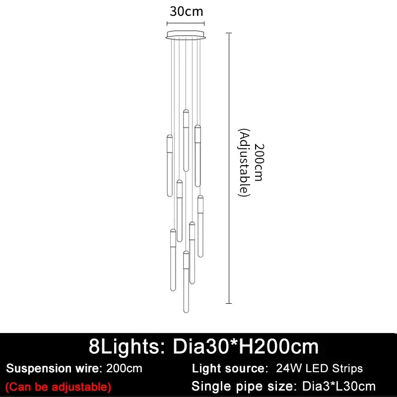 Luxury Long LED Strips Chandelier for Staircase Lobby - Dia30 H200cm / Gold NON dimm warm