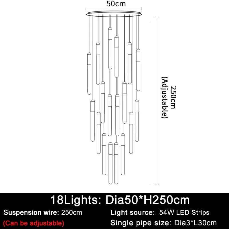 Luxury Long LED Strips Chandelier for Staircase Lobby - Dia50 H250cm / Gold NON dimm warm