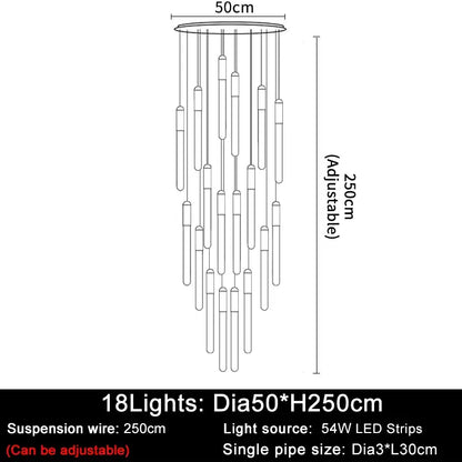 Luxury Long LED Strips Chandelier for Staircase Lobby - Dia50 H250cm / Gold NON dimm warm