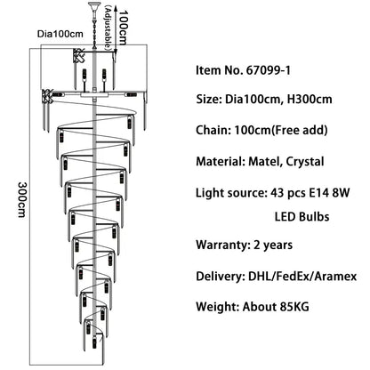 Luxury Long Spira Crystal Chandelier for Staircase Hall Living - Dia100 H300cm / Not dimm