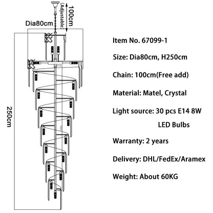 Luxury Long Spira Crystal Chandelier for Staircase Hall Living - Dia80 H250cm / Not dimm