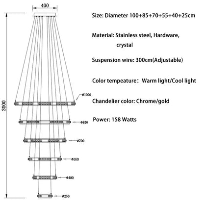 Luxury Ring LED Crystal Chandelier for Staircase Living - D100x85x70x55x40x25 / Chrome